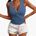 Women's Sleeveless V-Neck Snap Button Top