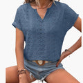 Women’s Split Neck Eyelet Embroidered Short Sleeve T-Shirt