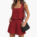 Women’s Square Neck Crop Top and Pleated Shorts Set – Summer Two-Piece Outfit