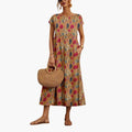 Women’s Straight-Cut Midi Dress with Short Sleeves and Round Neck