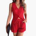 Women’s Textured V-Neck Top and Shorts Set – Two-Piece Outfit