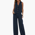 Women's V-Neck Button Vest and Wide Leg Pants Two-Piece Set