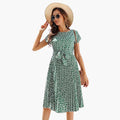 Women’s V-Neck Floral Summer Dress with Belt and Short Sleeves