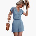 Women’s V-Neck Jumpsuit with Crochet Appliqués – Short Sleeve One-Piece