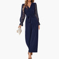 Women’s V-Neck Jumpsuit with Sheer Sleeves and Belt – Knee-Length One-Piece