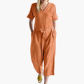 Women's V-Neck Jumpsuit with Waist Tie and Short Sleeves