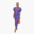 Women’s V-Neck Midi Dress with Puff Sleeves and Print