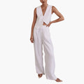Women’s V-Neck Two-Piece Summer Outfit – Short Sleeve Top and Straight Leg Pants