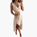 Women’s V-Neck Wrap Midi Dress with Long Sleeves and Adjustable Waist