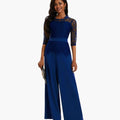 Women’s Wide Leg Jumpsuit with Lace Sleeves and Defined Waist