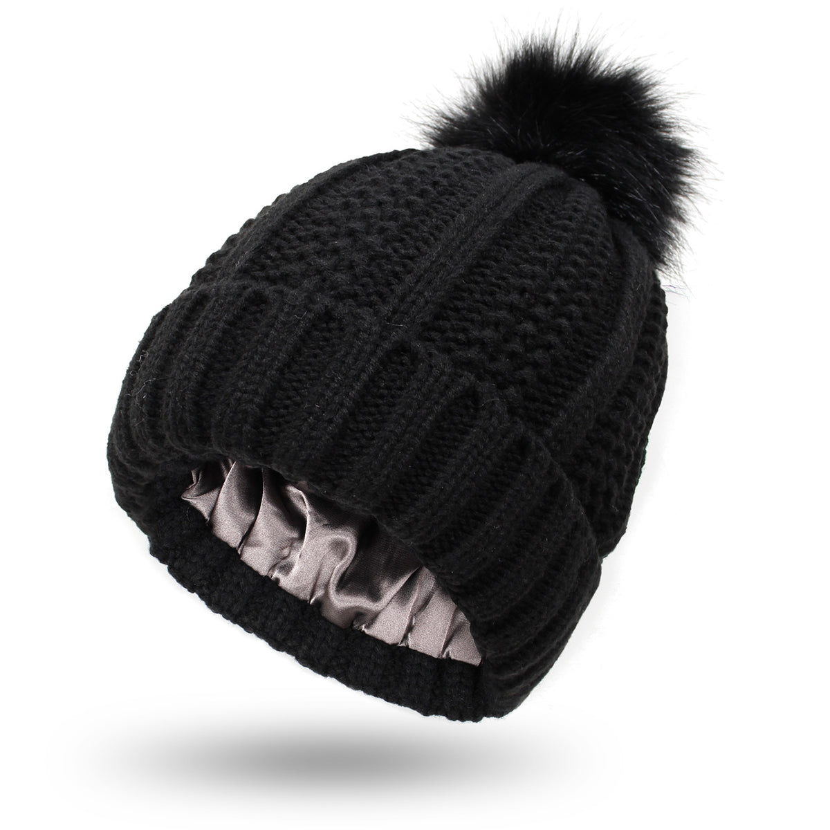 Knit beanie with faux fur pom pom
