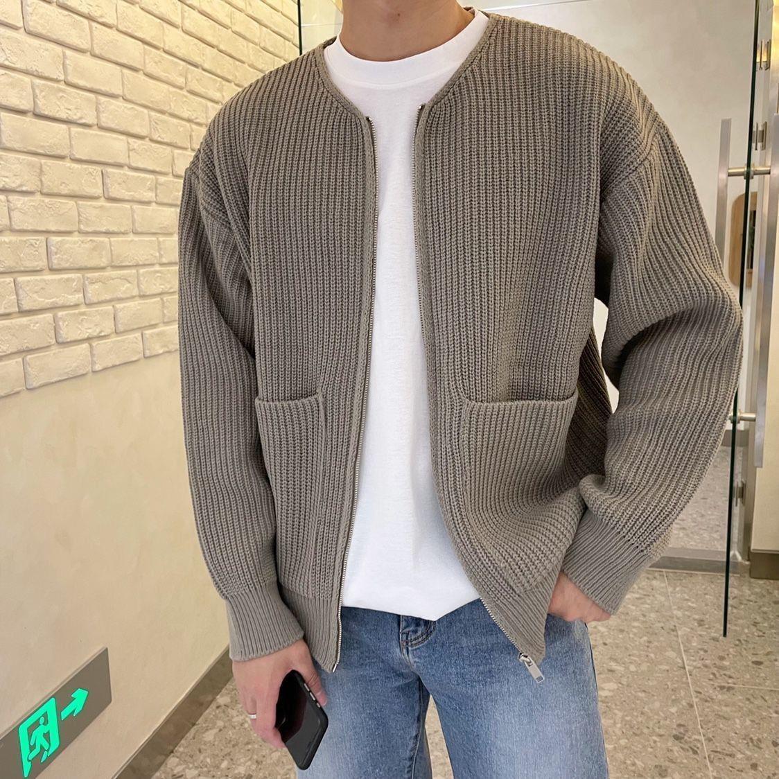 Men's chunky knit zip cardigan with pockets
