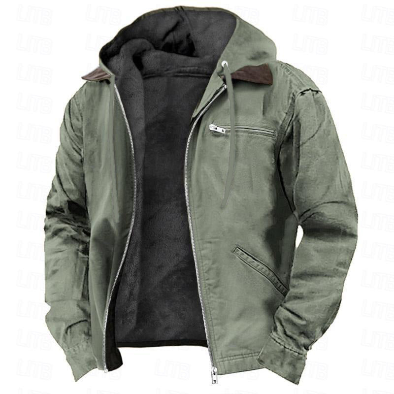 Man wearing a fleece-lined hooded zip jacket